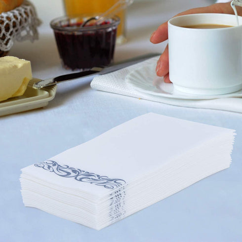 JOLLY CHEF 100 Disposable Hand Towels , Soft and Absorbent Line-Feel Dinner Napkin, Elegant Decorative Paper Guest Towels for Kitchen, Bathroom,Weddings,Parties, Silver and White