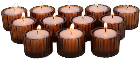 Amber Tealight Candle Holder Set of 12, 2'' x 1.4'' Glass Brown Small Votive Candle Holders Home Decoration, Clear Tealight Candles Holder for Table Centerpieces and Wedding Decor