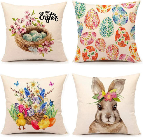 4TH Emotion Spring Easter Throw Pillow Covers Bunny Egg Chick Cushion Case for Sofa Couch 18x18 Inches Polyester Linen Set of 4