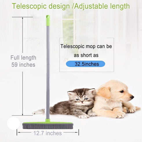 Pet Hair Removal Rubber Broom with Squeegee,Soft Push Broom,Pole:59'' ,Carpet Sweeper, Adjustable Long Handle, Removal Pet Human Hair,Green