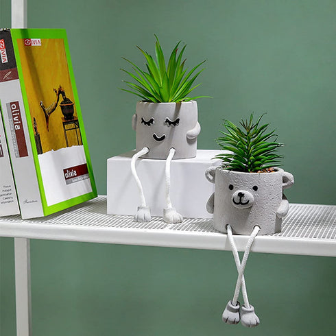 Lavenor Artificial Potted Plant Fake Succulent Plant Cute Hanging Leg Emotional Cement Potted Succulents Decor for Desk Shelf Bedroom Living Room and Office Decoration