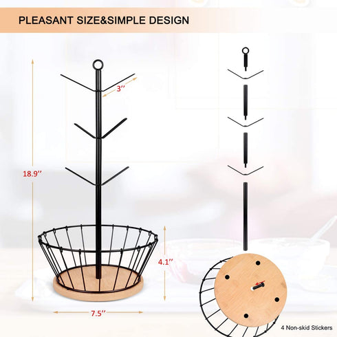 LadyRosian Coffee Cup Holder - Metal Tree Shape Multipurpose Mug Holder with 6 Hooks - Coffee Cup Stand for Counter with Bamboo Base and K Cup Holder Basket - Easy Install Home Storage Rack Holder