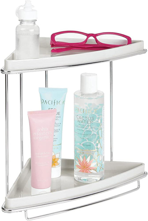 mDesign Metal 2-Tier Corner Storage Organizing Caddy Stand for Bathroom Vanity Countertops, Shelving or Under Sink - Free Standing, 2 Plastic Shelves - Light Gray/Chrome