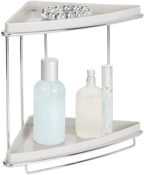 mDesign Metal 2-Tier Corner Storage Organizing Caddy Stand for Bathroom Vanity Countertops, Shelving or Under Sink - Free Standing, 2 Plastic Shelves - Light Gray/Chrome
