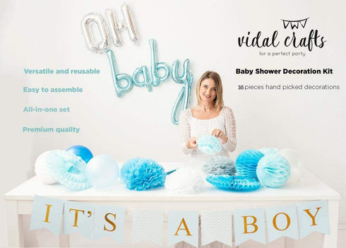 VIDAL CRAFTS Baby Shower Decorations for Boy, Its a Boy Banner, Complete Party Decor Kit, Paper Fans, OH BABY Foil and Latex Balloons, Tissue Paper Pom Poms, Honeycomb Balls, Party Supplies for Boys