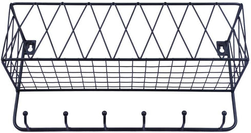 OROPY Entryway Mail Holder with Key Hooks, 14"L—4.7"W—6.5"H, Wall Mounted Matte Black Metal Wire Mesh Storage Basket with 6 Hooks, Easy to Organize Letters, Magazines, Keys, Leashes for Entryway
