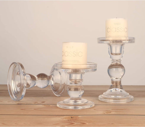 Lewondr Glass Candle Holders, 3 Pieces Crystal Clear Candlesticks with Elegant Design for Pillar Taper Candle and Tea Light, Home Table Living Room Wedding Party Decorations Home Décor - Clear
