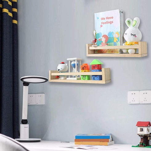 Nursery Bookshelf- Set of 2- Baby Floating Bookshelf or Book Shelf Organizer for Kids Nursery Decor,Wall Shelves for Kitchen Spice Rack,Pine Natural Wood