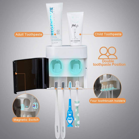 QQJ Wall-Mounted Toothbrush Holder-Electric Toothbrush Holder with Two Toothpaste squeezers and Toothbrush Storage Box. Automatic Toothpaste Dispenser with dust Cover, Suitable for Bathroom (White)