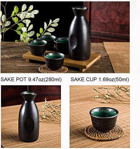Sake Set Black Japanese 5 Pieces Traditional Japanese Sake Cup Set Hand Painted Design Porcelain Pottery Ceramic Cups Crafts Wine Glasses Gifts (Classic, 280 ML)