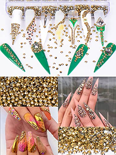 Warmfits 3600pcs Nail Art Rhinestone Crystal Gold Rhinestones Beads Nail Jewels Nail Design Round Flatback Gems Stones Studs 6 Sizes with Box for Nail Design Craft Art Shoes