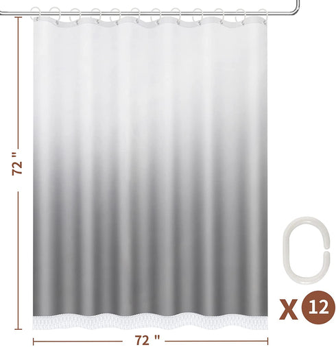 Ombre Shower Curtain with Tassels, Fabric Grey Shower Curtain Set with Hooks, FLYMALL Waterproof Machine Washable Gradient White and Gray Bathroom Curtains 72 x 72 Inch (Ombre Grey)