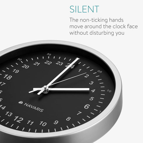 Navaris 24 Hour Wall Clock - 11.8" Analog Military Time Clock with Silent Movement Non-Ticking Hands - Battery Operated - Silver Frame with White Face