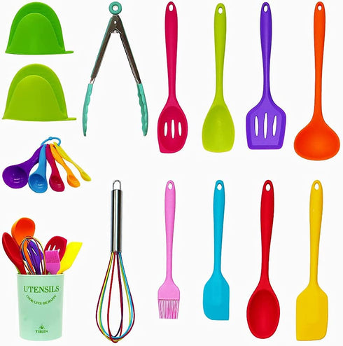 TIBLEN 18 pcs Silicone Kitchen Cooking Utensil Set, Non-stick Heat Resistant Cookware, BPA Free Non-Toxic Tools,Turner Tongs Ladle Spoon Whisk, Dishwasher Safe -Colorful