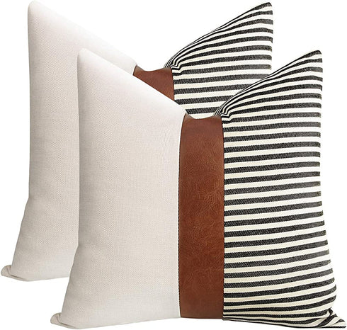cygnus 16x16 inch Pillow Covers Set of 2 Farmhouse Decor Stripe Patchwork Linen Throw Pillow Covers Modern Faux Leather Cushion Covers for Couch Sofa,Black