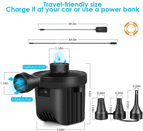 Electric Air Pump, Portable Quick-Fill Air Pump with 3 Nozzles, 110V AC/12V DC, Inflator/Deflator Pumps for Outdoor Camping, Inflatable Cushions, Air Mattress Beds, Boats, Swimming Ring and Toy Raft