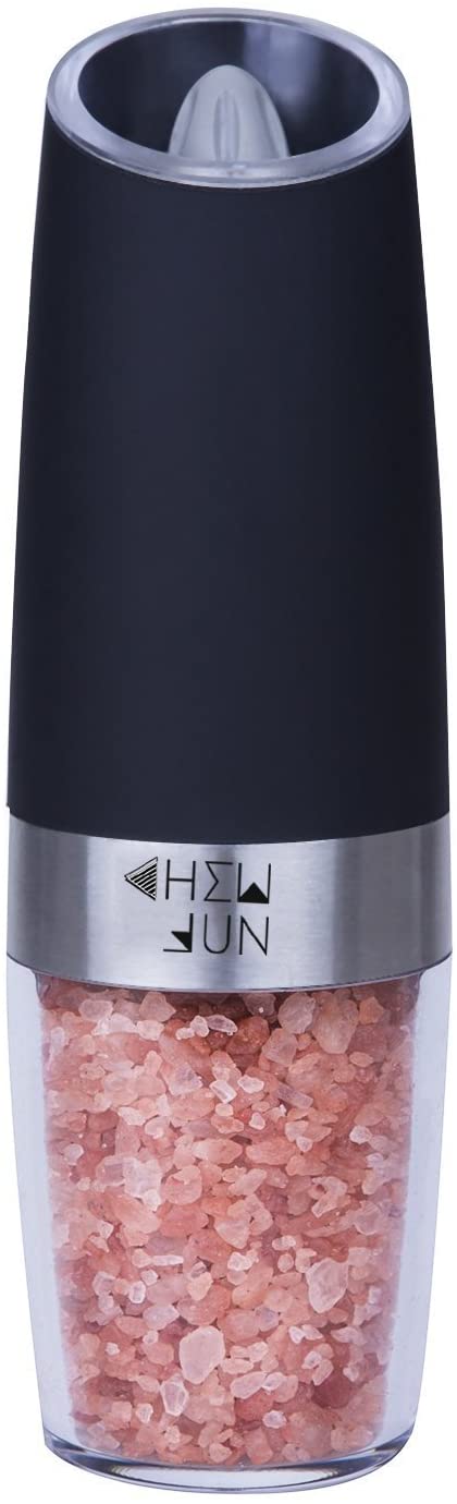 Electric Gravity Pepper Grinder or Salt Mill with Adjustable Coarseness Automatic Pepper Mill Grinder Battery Powered with Blue LED Light,One Hand Opetated Brushed Stainless Steel by CHEW FUN