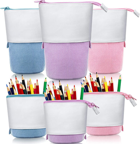 3 Pieces Telescopic Pencil Case Transformer Standing Stationery Pencil Holder Canvas Dual-Use Pop-up Stand Pencil Bags with Zipper for School Office College (Pink, Blue, Purplee)