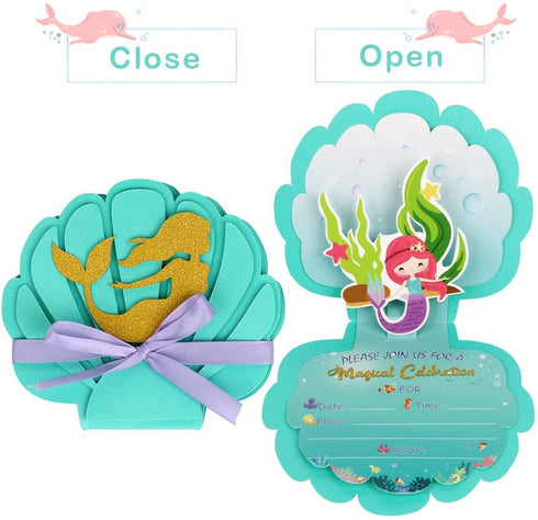 OurWarm 24pcs Mermaid Party Invitations, 3D Pearlescent Mermaid Birthday Party Supplies with Envelopes for Kids Girls Birthday Wedding Baby Shower Pool Mermaid Themed Party Supplies