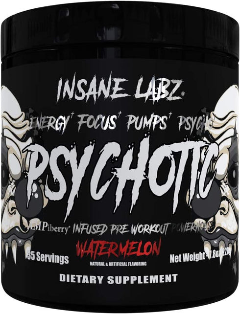 Insane Labz Psychotic Black Edition Mid Stimulant Pre Workout Powder, Energy Focus Pumps, Loaded with Creatine Beta Alanine Taurine Fueled by AMPiberry, 35 Servings Watermelon