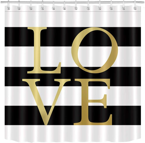 LB Black and White Shower Curtain Classic Gold Love Words Design Striped Shower Curtains Modern Bathroom Decor, Waterproof Polyester Fabric Curtain 72x72 Inch with 12 Hooks