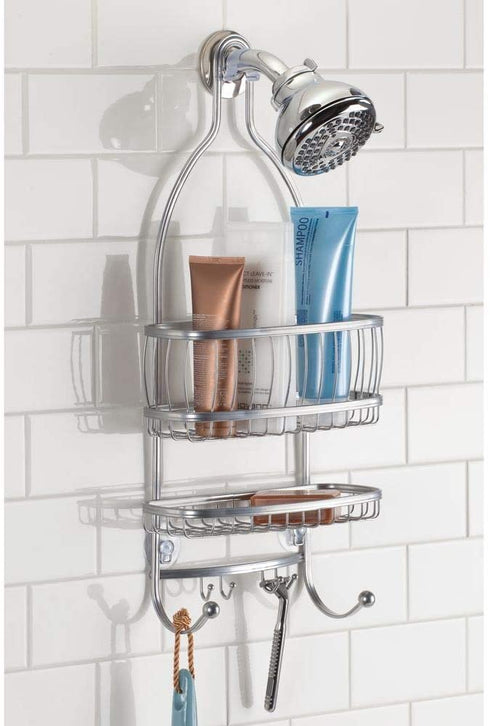 iDesign York Metal Wire Hanging Shower Caddy, Extra Wide Space for Shampoo, Conditioner, and Soap with Hooks for Razors, Towels, and More, 10" x 4" x 22", Silver