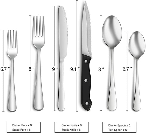 36-Piece Silverware Set with Steak Knives for 6, Food-Grade Stainless Steel Flatware Includes Spoons Forks Knives,Tableware Cutlery Set For Home Office Restaurant Hotel, Mirror Finish, Dishwasher Safe