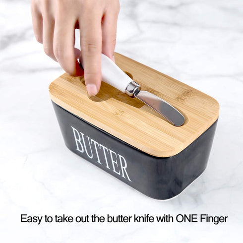 Hasense Porcelain Butter Dish with Bamboo Lid - Covered Butter Keeper with Butter Knife for Countertop, Airtight Butter Container with Cover for East West Coast Butter, Black