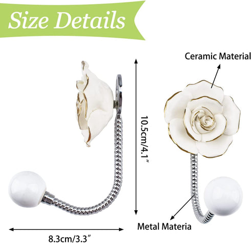 UFURMATE Coat Hooks, 2Pcs 3D Flower Ceramic Wall Coat Hook Decorative Flower Wall Mounted Hooks Single Prong Robe Hook for Hanging Scarf, Bag, Towel, Hat (Light Yellow Rose)