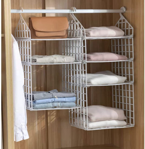 Gencuoir Foldable Closet Organizer,2-Layer Plastic Hanging Organizer Closet Organizer Hanging for Bathroom&Kids roomCan fit Sweater Shoes Tote Bag(Beige )