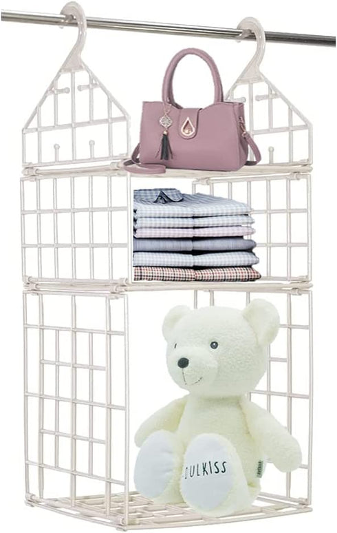 Gencuoir Foldable Closet Organizer,2-Layer Plastic Hanging Organizer Closet Organizer Hanging for Bathroom&Kids roomCan fit Sweater Shoes Tote Bag(Beige )