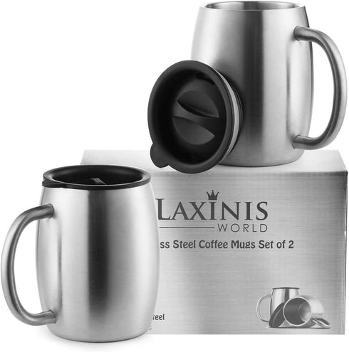 Stainless Steel Coffee Mugs with Spill Resistant Lids, 14 Oz Double Walled Insulated Coffee, Tea or Beer Cups, Set of 2