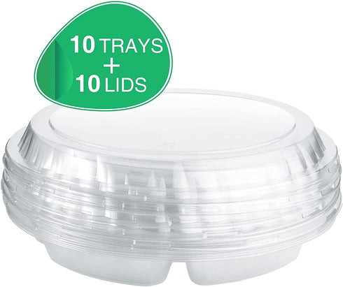 10 Pieces Round Appetizer Serving Trays with Lids Veggie Fruit Snack Food Trays Disposable Compartments Plastic Platters Vegetable Salad Serving Trays for Party Supplies (Clear,10.4 x 10.4 x 2 Inch)