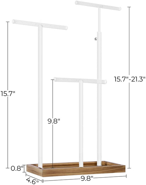 SONGMICS 2-in-1 Jewelry Display Stand Holder, Jewelry Rack Tree with 3 T-Shape Metal Bars with Holes, Storage Tray, Adjustable, Long Necklace Bracelet Earring Ring, Rustic Brown and White UJJS016W01