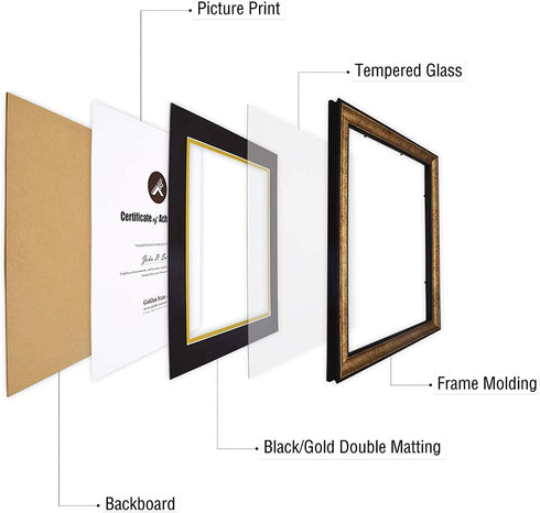 Golden State Art, 11x14 Vintage Antique Style Gold Frame for 8.5x11 Diploma/Certificate, Sawtooth Hangers for Wall Mounting with Real Glass, Black Trim (Black/Gold Double Mat)