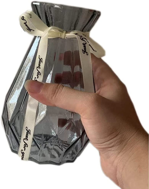 Clear Glass Vase for Flower, Geometric Faceted Design Flower Vase for Weddings, Events, Decorating, Arrangements, Flowers, Office, or Home Decor 5.7" (Grey)