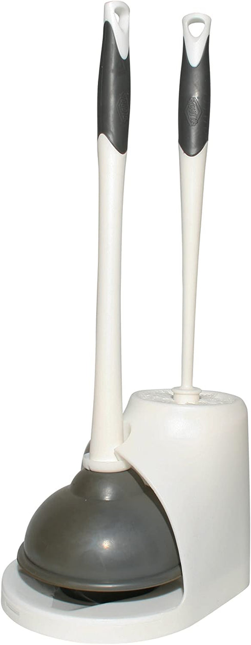 Clorox Toilet Plunger and Bowl Brush Combo Set with Caddy, 6.75" x 7" x 19.5", White/Gray