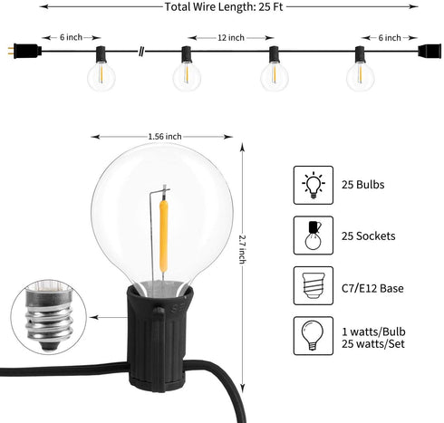 LED Globe String Lights Outdoor G40 25Feet with 27 LED Shatterproof Clear Globe Bulbs (2 Spare), Warm White Connectable Patio Lights for Backyard Garden Pergola Tents Gazebo Party Decor,Black Wire