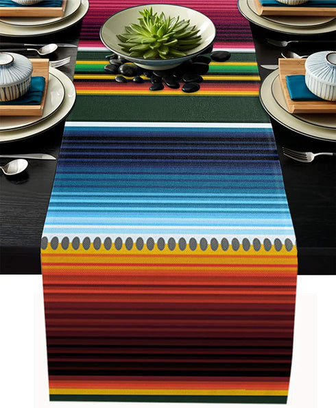 TrendyChic Mexican Serape Table Runner 13x70Inches Burlap Linen Tablerunner Easy to Clean Farmhouse Kitchen Table Runners for Patios Family Dinner Office Table Colorful Stripes