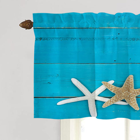 BaoNews Antique Rustic Teal Blue Kitchen Valances Half Window Curtain, Gold and White Starfish in Sand Border On Blackout Decoration Window Valances Curtains Drapes for Kitchen Bedroom, 52 X 18 Inch