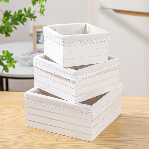 Quan Shuo Antique Square Nesting Box, Decorative Farmhouse Wooden Storage Box 3-Piece Set, White
