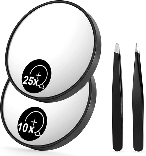 OMIRO 10X & 25X Magnifying Mirrors and Two Eyebrow Tweezers Kits, 3.5" Two Suction Cups Magnifier Travel Set