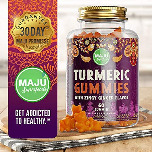 MAJU Turmeric Curcumin Gummies 60ct, Zingy Ginger Taste, Black Pepper Extract for Enhanced Absorption and Potency, Use for Joints, Inflammation & Pain Support, Tumeric Gummies for Adults and Kids