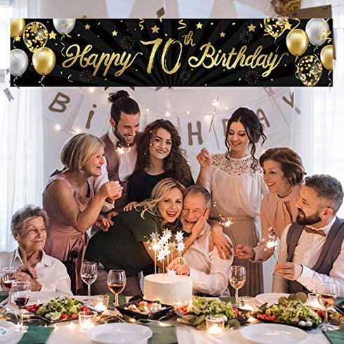 Happy 70th Birthday Banner Sign Gold Glitter 70 Years Birthday Party Decorations Supplies Anniversary Celebration Backdrop