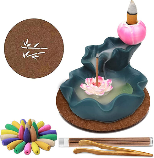 prosfalt Ceramics Waterfall Backflow Incense Holder Burner,Incense Seat with 50 Backflow Incense Cones+35 Incense Sticks Aromatherapy Home Decor Can Anxiety Relief Pressure -Blue