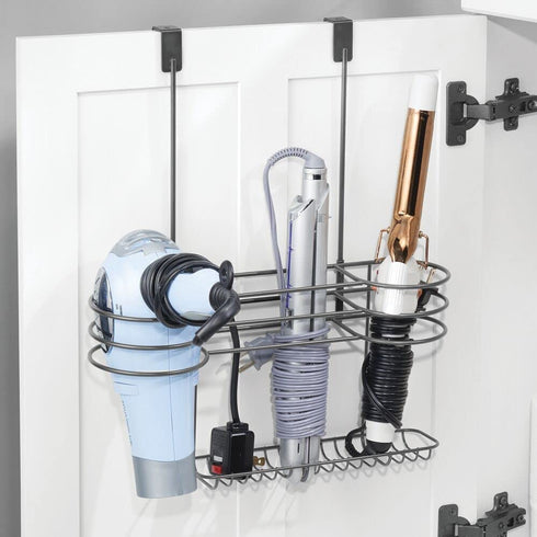 mDesign Metal Bathroom Over Cabinet Door Hair Care & Styling Tool Organizer Holder, Vanity Storage for Hair Dryer, Flat Irons, Curling Wands, Hair Straighteners - 3 Sections, Heat Safe - Graphite Gray