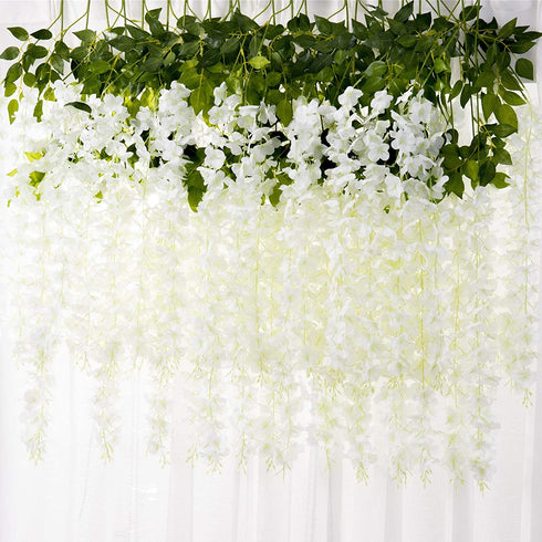 MEHELANY Artificial Wisteria Flower Garland 12Pcs 45Feet Fake Wisteria Flower Vine with Greey Leaves Hanging Silk Flower Garland for Home Decor Wedding Arch Backdrop Decor (Cream, 12) ¦ ¦