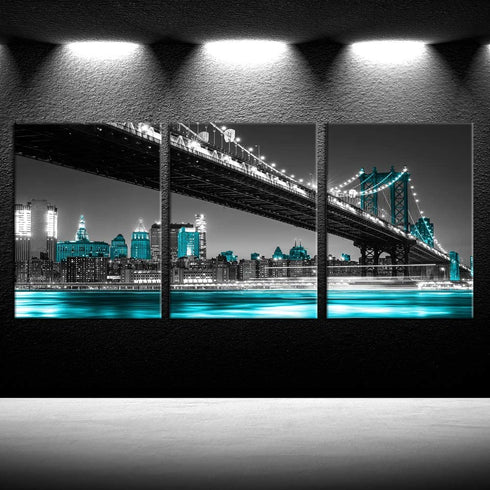 iKNOW FOTO 3 Panel Modern Black White and Blue New York City Wall Art Manhattan Skyline Bridge at Night Pictures on Canvas Print Painting Home Decoration Framed Art Work for Living Room 12x16inchx3pcs