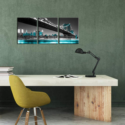 iKNOW FOTO 3 Panel Modern Black White and Blue New York City Wall Art Manhattan Skyline Bridge at Night Pictures on Canvas Print Painting Home Decoration Framed Art Work for Living Room 12x16inchx3pcs