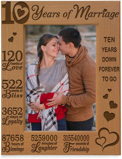 KATE POSH - Our 10th Wedding Anniversary Picture Frame, 10th, 10 Years Anniversary, 10 Years of Marriage, 120 Months of Love - Engraved Natural Wood Picture Frame (4x6-Vertical)